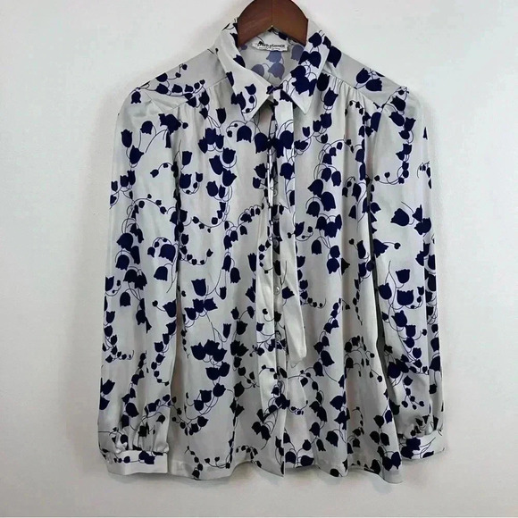 VTG Women’s 80s 14 Alfred Dunner Blouse Navy Tulips Puff  Sleeve Tie Neck - Picture 1 of 8